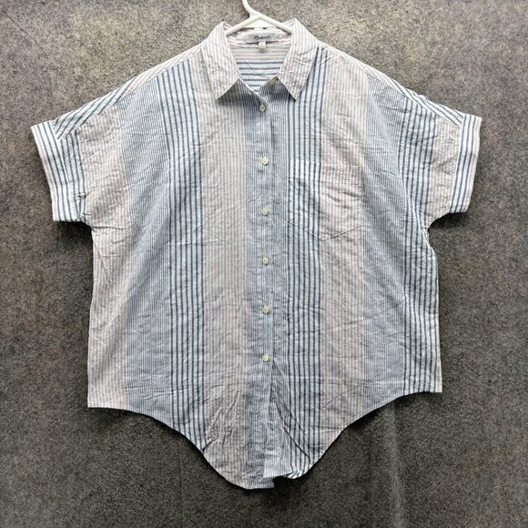 Madewell Tops - Madewell Shirt Womens XS White Blue Red Striped Short Sleeve Button Front Hemp